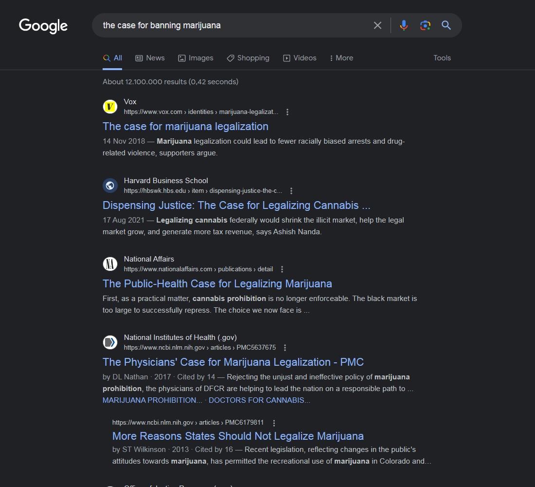 a google search of &rsquo;the case for banning marijuana&rsquo;
